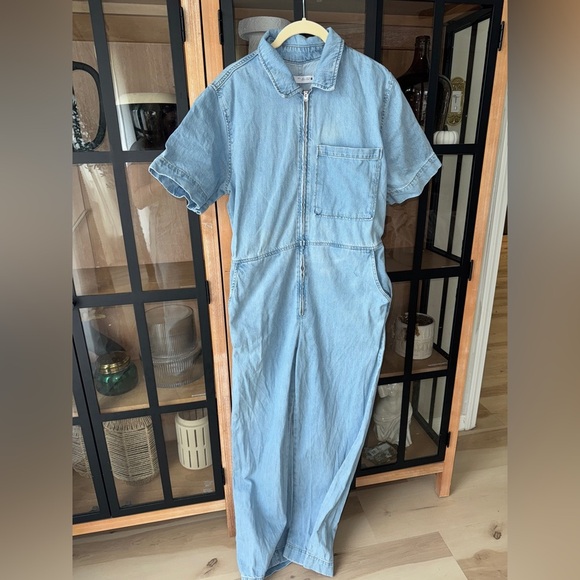 Zara Denim Jumpsuit wide straight leg jeans Zipper Light wash utility 1889/159 - Picture 6 of 11